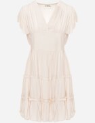 Rochie netedă bej mini cambrată cu volane pe umeri Zynnas