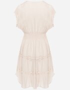  Rochie netedă bej mini cambrată cu volane pe umeri Zynnas