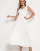  Rochie plisată Albă din Bumbac și Vâscoză cu croială Cloș cu elastic în talie Xefia
