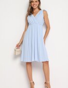  Rochie Plisată Albastru deschis din Bumbac și Viscoză cu Elastic în Talie și Decolteu Petrecut Karamla