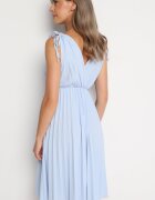 Rochie Plisată Albastru deschis din Bumbac și Viscoză cu Elastic în Talie și Decolteu Petrecut Karamla
