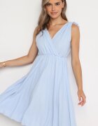  Rochie Plisată Albastru deschis din Bumbac și Viscoză cu Elastic în Talie și Decolteu Petrecut Karamla