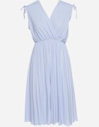  Rochie Plisată Albastru deschis din Bumbac și Viscoză cu Elastic în Talie și Decolteu Petrecut Karamla