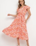  Rochie Portocalie cu Decolteu petrecut cu elastic în talie și curea din material Xelovia