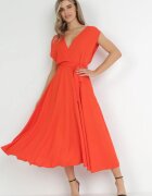  Rochie Portocalie Maxi cu Centură din Material și Decolteu Petrecut Istilla