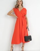  Rochie Portocalie Maxi cu Centură din Material și Decolteu Petrecut Istilla
