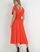  Rochie Portocalie Maxi cu Centură din Material și Decolteu Petrecut Istilla