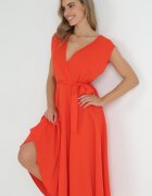  Rochie Portocalie Maxi cu Centură din Material și Decolteu Petrecut Istilla
