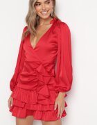  Rochie roșie petrecută mini cu volane Oledo