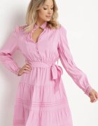  Rochie Roz cu elastic în talie decorată cu dantelă la manșete și umeri Ondrallia