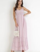  Rochie Roză Maxi cu Bretele cu Inserții de Dantelă și Volane Lemera