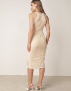  Rochie Strălucitoare Bej Midi cu Mărgele și Fentă Marsira