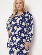  Rochie Tip Cămașă bleumarin cu model abstract și mâneci rulate Grailuna
