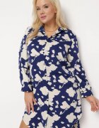  Rochie Tip Cămașă bleumarin cu model abstract și mâneci rulate Grailuna
