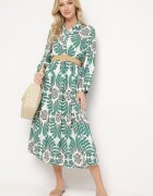  Rochie Verde-Albă din Viscoză cu Mâneci cu prindere cu nasturi cu Volan Kiosara