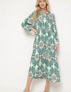  Rochie Verde-Albă din Viscoză cu Mâneci cu prindere cu nasturi cu Volan Kiosara