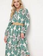 Rochie Verde-Albă din Viscoză cu Mâneci cu prindere cu nasturi cu Volan Kiosara