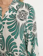  Rochie Verde-Albă din Viscoză cu Mâneci cu prindere cu nasturi cu Volan Kiosara
