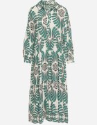  Rochie Verde-Albă din Viscoză cu Mâneci cu prindere cu nasturi cu Volan Kiosara