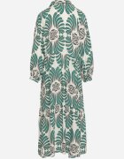  Rochie Verde-Albă din Viscoză cu Mâneci cu prindere cu nasturi cu Volan Kiosara