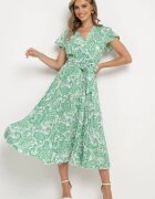  Rochie Verde cu Decolteu Petrecut cu Elastic în Talie și Curea Textilă Xelovia