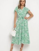  Rochie Verde cu Decolteu Petrecut cu Elastic în Talie și Curea Textilă Xelovia