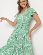  Rochie Verde cu Decolteu Petrecut cu Elastic în Talie și Curea Textilă Xelovia