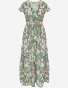  Rochie Verde cu flori din viscoză cu decolteu petrecut Narma