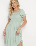  Rochie Verde din Bumbac cu Decolteu Elastic și Volan Loridia