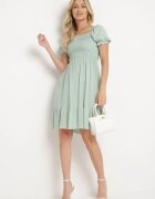  Rochie Verde din Bumbac cu Decolteu Elastic și Volan Loridia