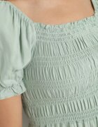  Rochie Verde din Bumbac cu Decolteu Elastic și Volan Loridia