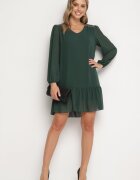  Rochie Verde închis din Viscoză cu Croială Dreaptă cu Mâneci Bufante și Volan la Tiv Ilila