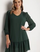  Rochie Verde închis din Viscoză cu Croială Dreaptă cu Mâneci Bufante și Volan la Tiv Ilila