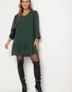  Rochie Verde închis din Viscoză cu Croială Dreaptă cu Mâneci Bufante și Volan la Tiv Ilila