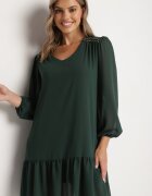  Rochie Verde închis din Viscoză cu Croială Dreaptă cu Mâneci Bufante și Volan la Tiv Ilila