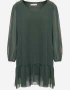  Rochie Verde închis din Viscoză cu Croială Dreaptă cu Mâneci Bufante și Volan la Tiv Ilila