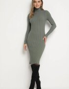  Rochie Verde închis Reiată cu croială mulată cu guler înalt din Cașmir Bumbac și Lână Vaithessa