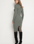  Rochie Verde închis Reiată cu croială mulată cu guler înalt din Cașmir Bumbac și Lână Vaithessa