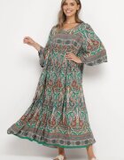  Rochie Verde Lungă Cloș cu Mâneci 3/4 cu Imprimeu Paisley Amarethia