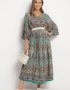  Rochie Verde Lungă Cloș cu Mâneci 3/4 cu Imprimeu Paisley Amarethia