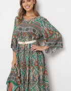  Rochie Verde Lungă Cloș cu Mâneci 3/4 cu Imprimeu Paisley Amarethia