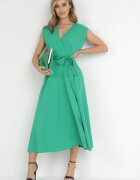  Rochie Verde Maxi cu curea din material și decolteu plic Istilla