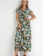  Rochie Verde-Negru cu Flori din Viscoză cu Decolteu Plic Narma