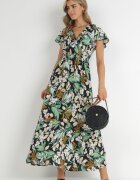  Rochie Verde-Negru cu Flori din Viscoză cu Decolteu Plic Narma