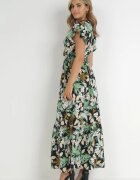 Rochie Verde-Negru cu Flori din Viscoză cu Decolteu Plic Narma
