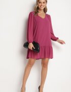  Rochie Violet cu Viscoză Croi Simplu cu Mâneci Bufante și Volan la Bază Ilila
