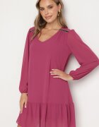  Rochie Violet cu Viscoză Croi Simplu cu Mâneci Bufante și Volan la Bază Ilila