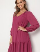  Rochie Violet cu Viscoză Croi Simplu cu Mâneci Bufante și Volan la Bază Ilila