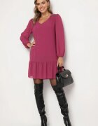  Rochie Violet cu Viscoză Croi Simplu cu Mâneci Bufante și Volan la Bază Ilila