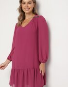  Rochie Violet cu Viscoză Croi Simplu cu Mâneci Bufante și Volan la Bază Ilila